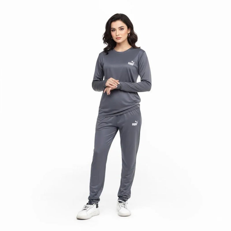 2 Pcs Women's Stitched Micro Interlock Printed Tracksuit GREY PUMA